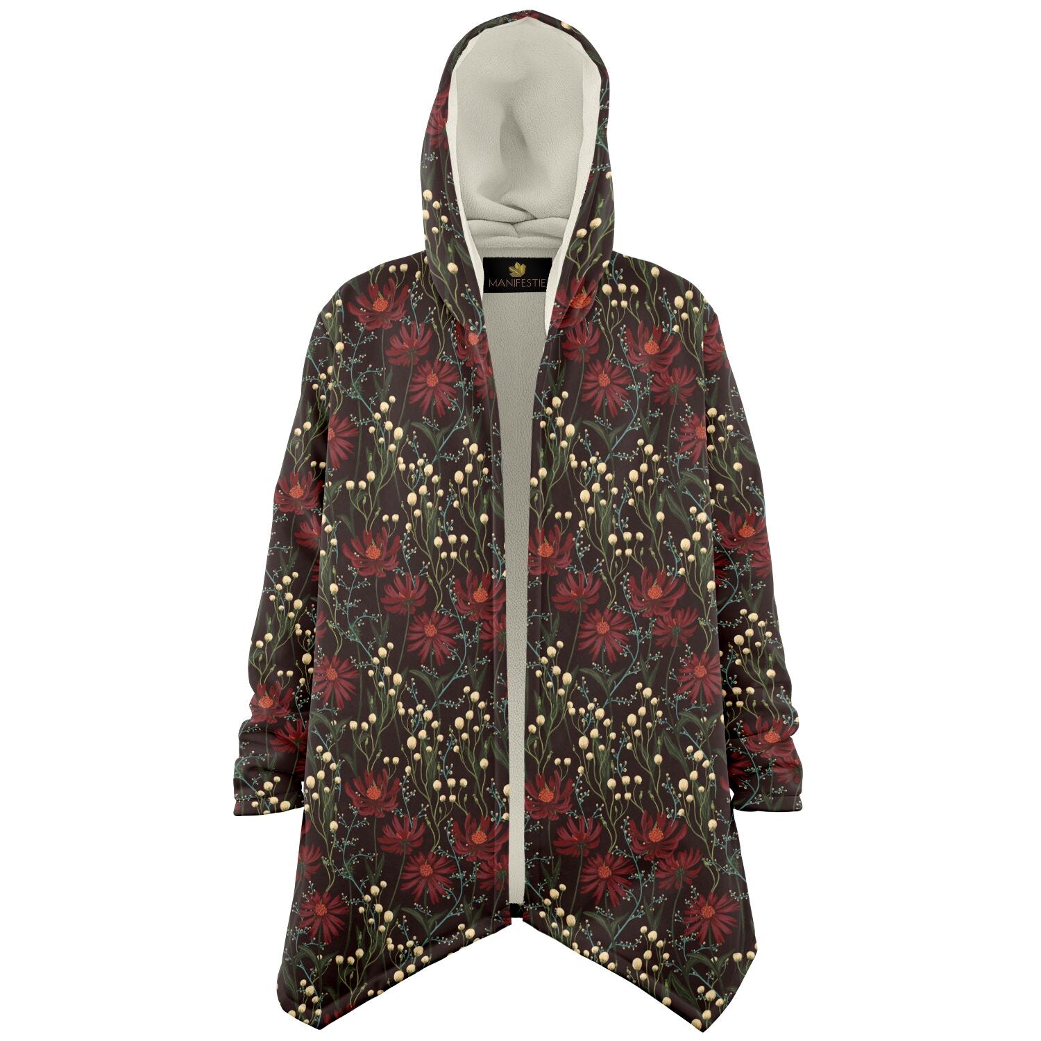 Floral Cone Flowers Cuddle Cloak | Maroon, Brown | Unisex Minky Sherpa Hooded Coat