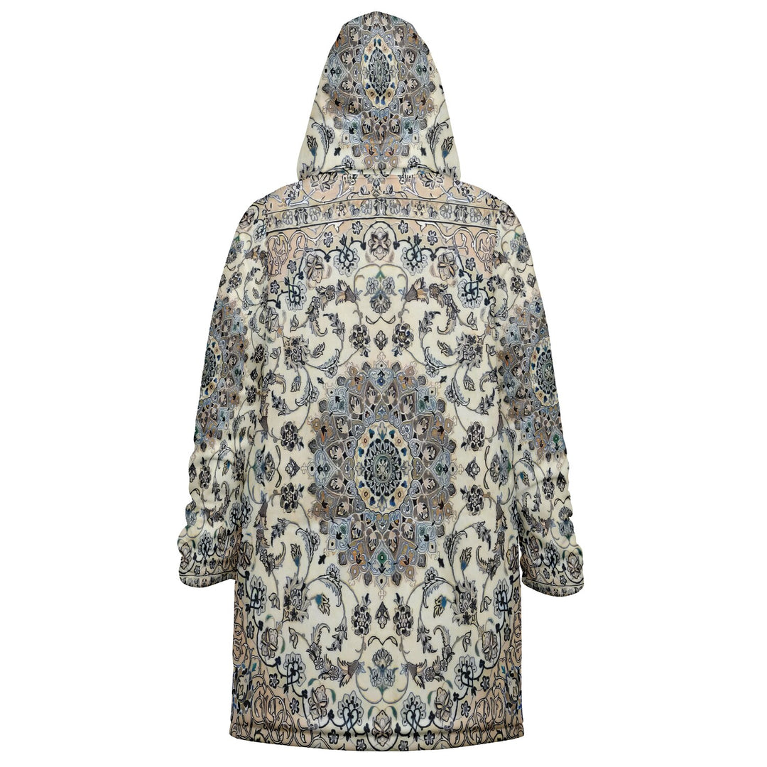 Classic Persian Carpet Cuddle Coat | Nain, Cream and Soft Blue | Unisex Minky Sherpa Lined Coat with Hood, Zipper and Pockets | Women and Mens Festival Coat | Mountain Fashion