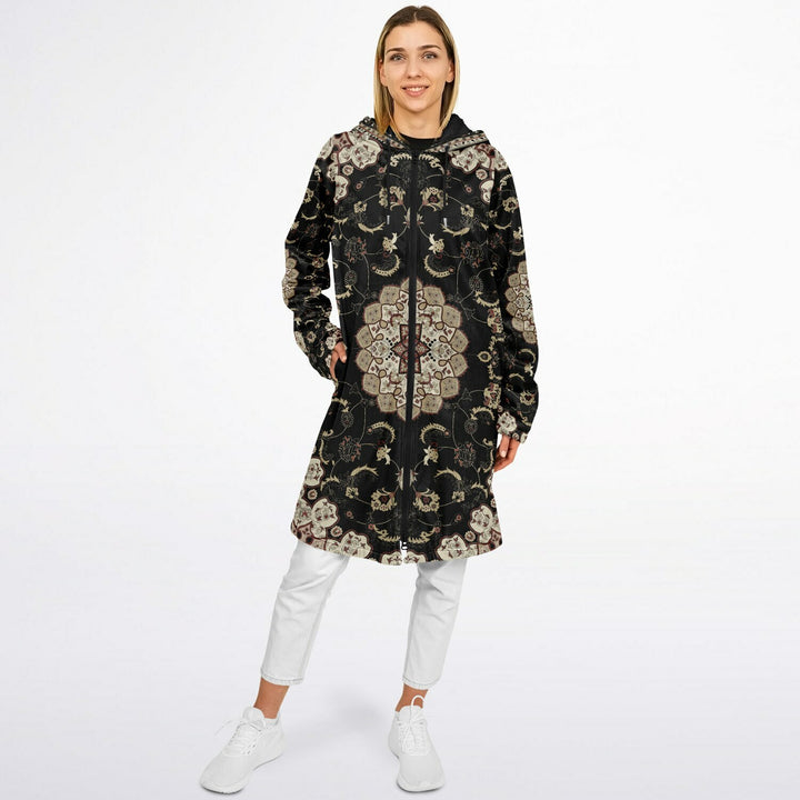 Classic Black Persian Carpet Cuddle Coat | Unisex Minky Sherpa Lined Coat with Hood, Zipper and Pockets | Women and Mens Festival Coat | Mountain Fashion