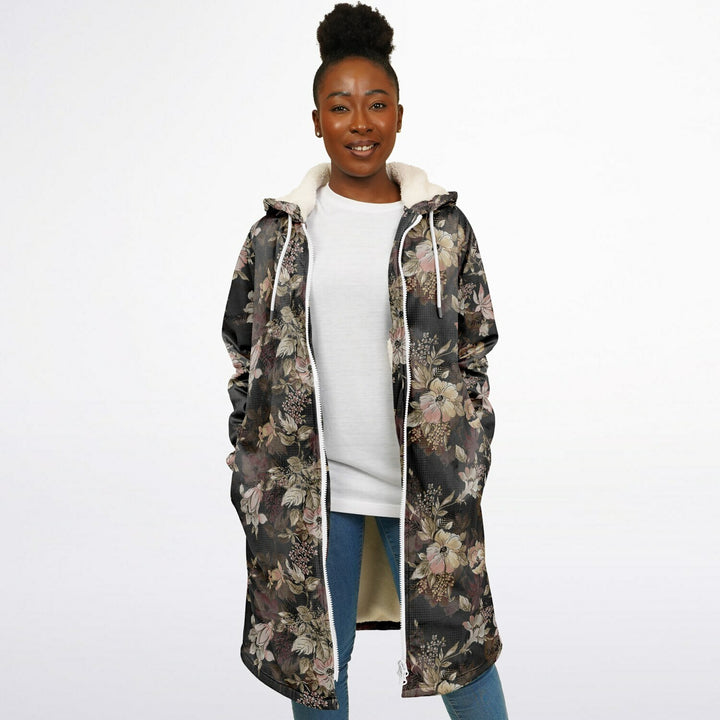Floral Cuddle Coat | Unisex Minky Sherpa Lined Coat with Hood, Zipper and Pockets | Women and Mens Festival Coat | Mountain Fashion
