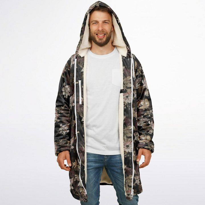 Floral Cuddle Coat | Unisex Minky Sherpa Lined Coat with Hood, Zipper and Pockets | Women and Mens Festival Coat | Mountain Fashion