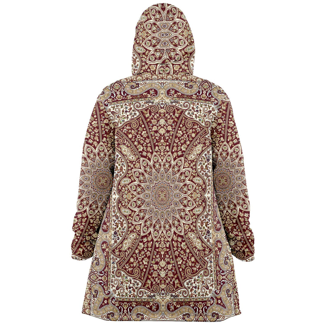 Classic Red Persian Carpet Cuddle Cloak | Unisex Minky Sherpa Lined Hooded Coat | Women and Mens Festival Coat | Mountain Fashion