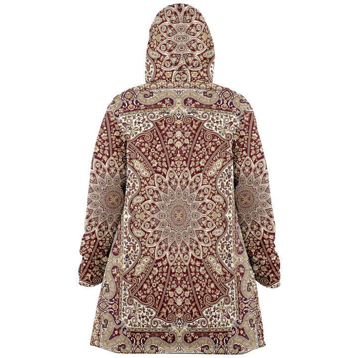 Classic Red Persian Carpet Cuddle Cloak | Unisex Minky Sherpa Lined Hooded Coat | Women and Mens Festival Coat | Mountain Fashion