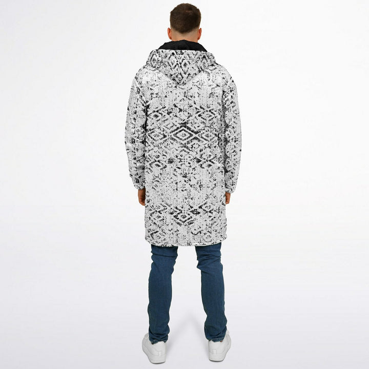Tribal Fade Cuddle Coat |  Black White | Unisex Minky Sherpa Lined Coat with Hood, Zipper and Pockets | Women and Mens Festival Coat | Mountain Fashion
