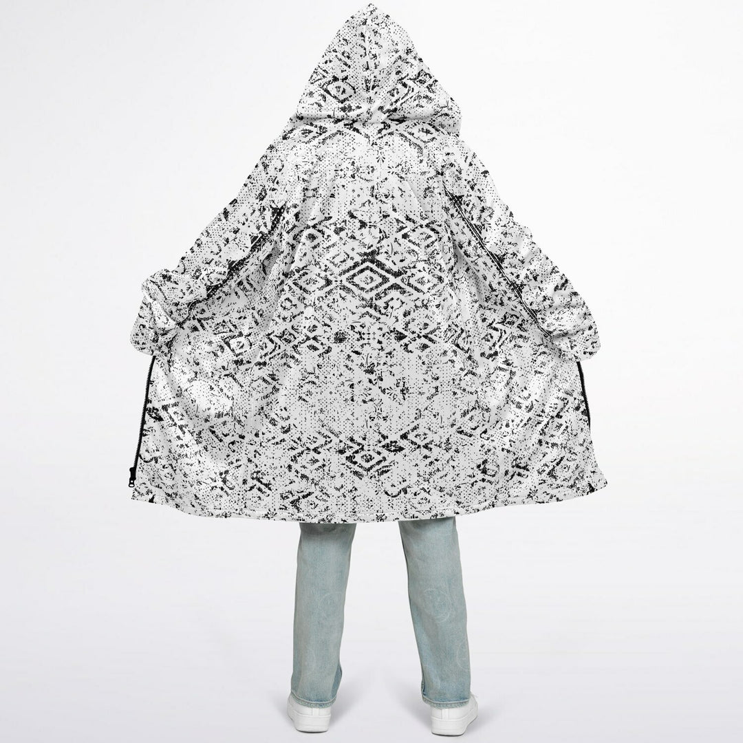 Tribal Fade Cuddle Coat |  Black White | Unisex Minky Sherpa Lined Coat with Hood, Zipper and Pockets | Women and Mens Festival Coat | Mountain Fashion