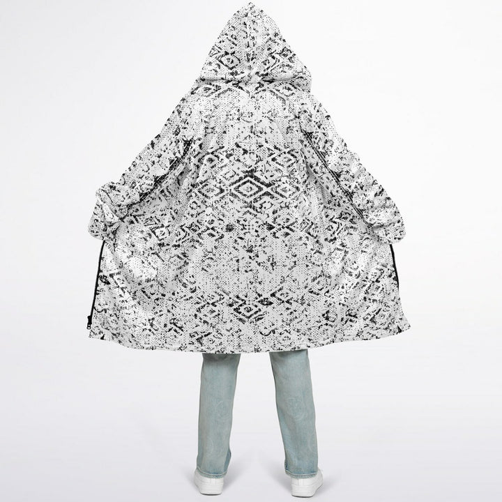 Tribal Fade Cuddle Coat |  Black White | Unisex Minky Sherpa Lined Coat with Hood, Zipper and Pockets | Women and Mens Festival Coat | Mountain Fashion