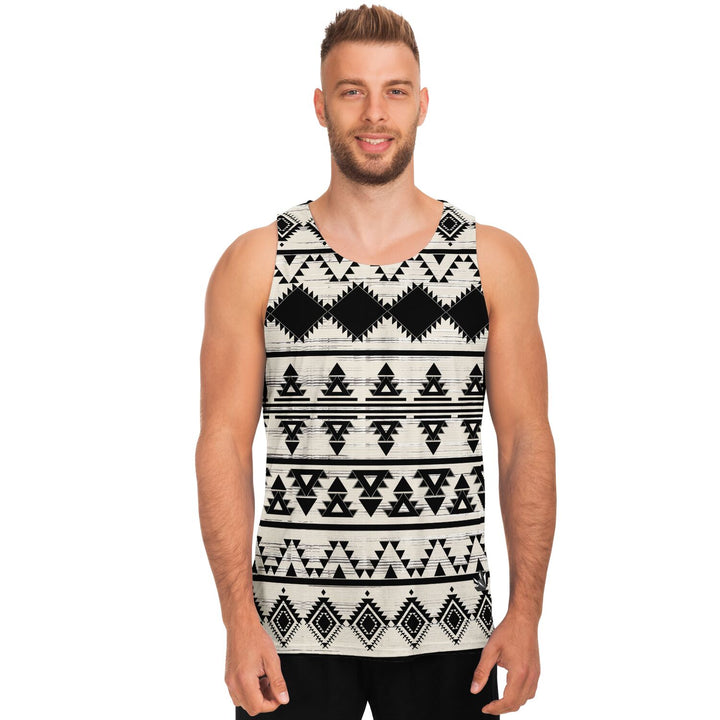 Hawk Eye Tribal Tank Top – Geometric Festival Shirt with Black &amp; Ivory Pattern