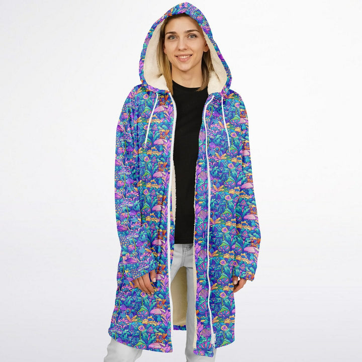 Psychedelic Mushrooms Cuddle Coat | Unisex Minky Sherpa Lined Coat with Hood, Zipper and Pockets | Women and Mens Festival Coat | Mountain Fashion
