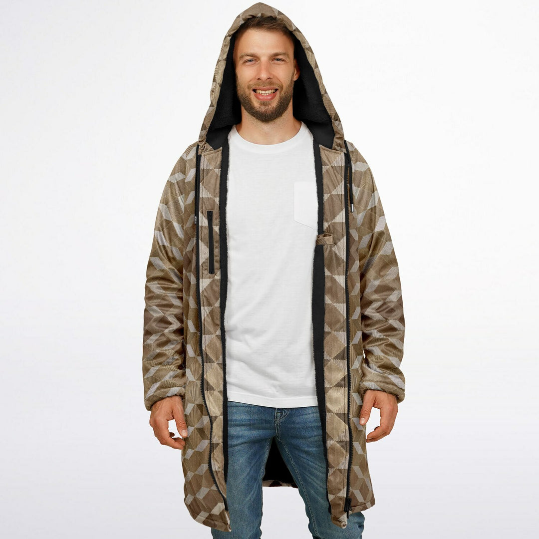 Gold Cube Cuddle Coat | Unisex Minky Sherpa Lined Coat with Hood, Zipper and Pockets | Women and Mens Festival Coat | Mountain Fashion