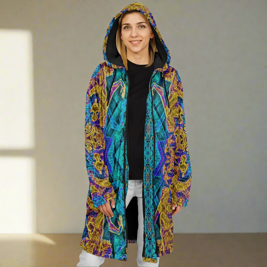 Seer Cuddle Coat | Unisex Minky Sherpa Lined Coat with Hood, Zipper and Pockets | Women and Mens Festival Coat | Mountain Fashion