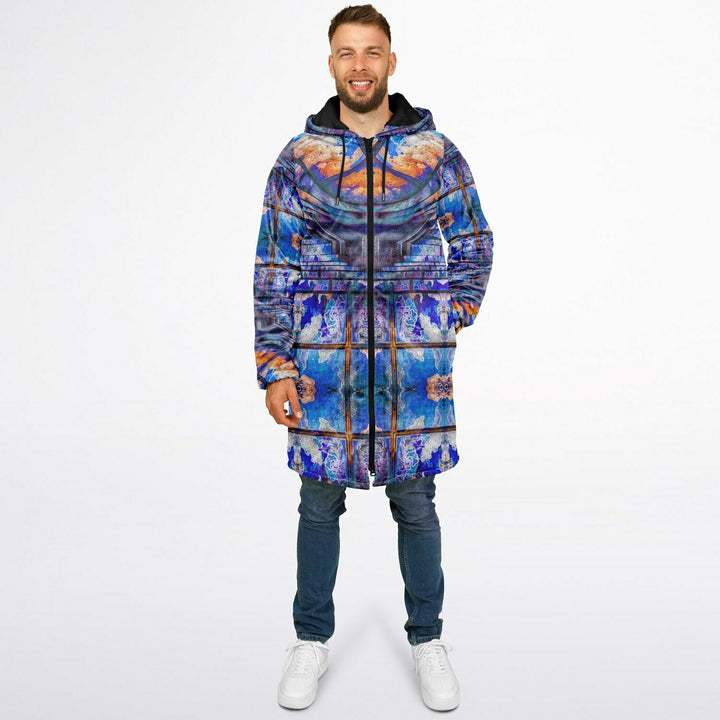 Transcendence Cuddle Coat | Unisex Minky Sherpa Lined Coat with Hood, Zipper and Pockets | Women and Mens Festival Coat | Mountain Fashion