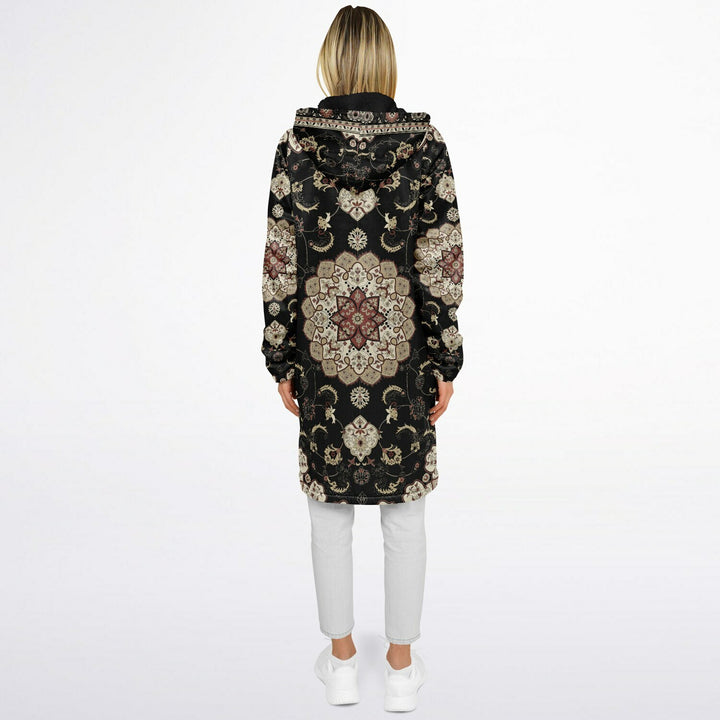 Classic Black Persian Carpet Cuddle Coat | Unisex Minky Sherpa Lined Coat with Hood, Zipper and Pockets | Women and Mens Festival Coat | Mountain Fashion