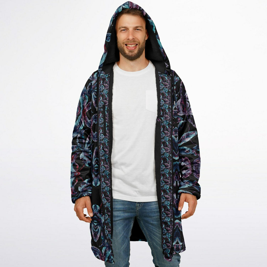 Dark Tropics Cuddle Coat | Unisex Minky Sherpa Lined Coat with Hood, Zipper and Pockets | Women and Mens Festival Coat | Mountain Fashion