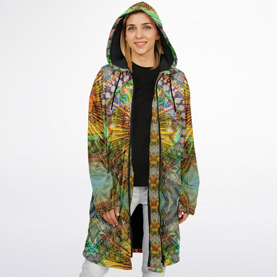Lotus Guardian Cuddle Coat | Unisex Minky Sherpa Lined Coat with Hood, Zipper and Pockets | Women and Mens Festival Coat | Mountain Fashion