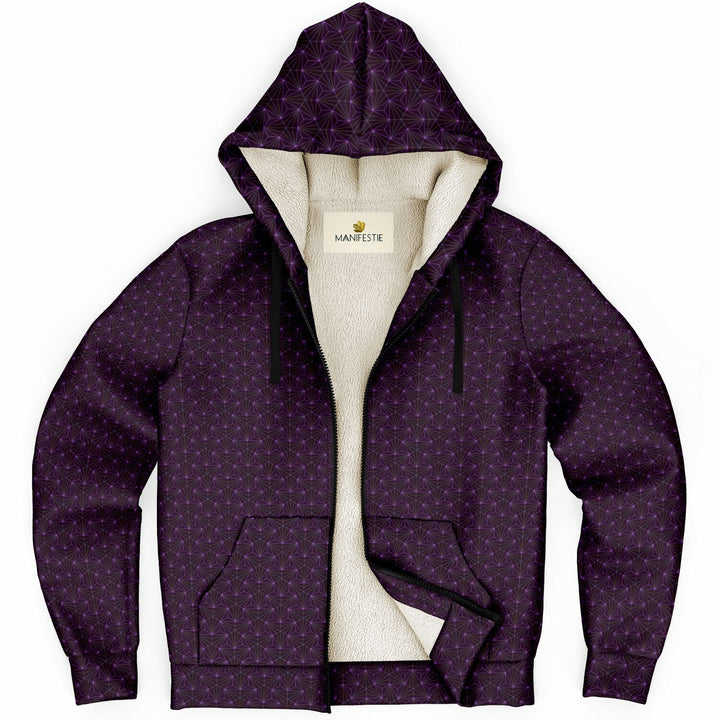 Amethyst Sacred Geometry Sherpa Zip Hoodie | Cozy Festival Hoodie with Microfleece Lining | Manifestie