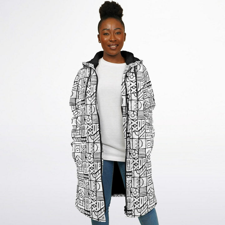 Zentangle Cuddle Coat | Unisex Minky Sherpa Lined Coat with Hood, Zipper and Pockets | Women and Mens Festival Coat | Mountain Fashion