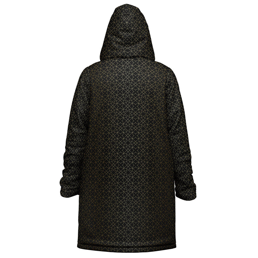 Black and Gold Sacred Geometry Flower Cuddle Coat | Unisex Minky Sherpa Lined Coat with Hood, Zipper and Pockets | Women and Mens Festival Coat | Mountain Fashion