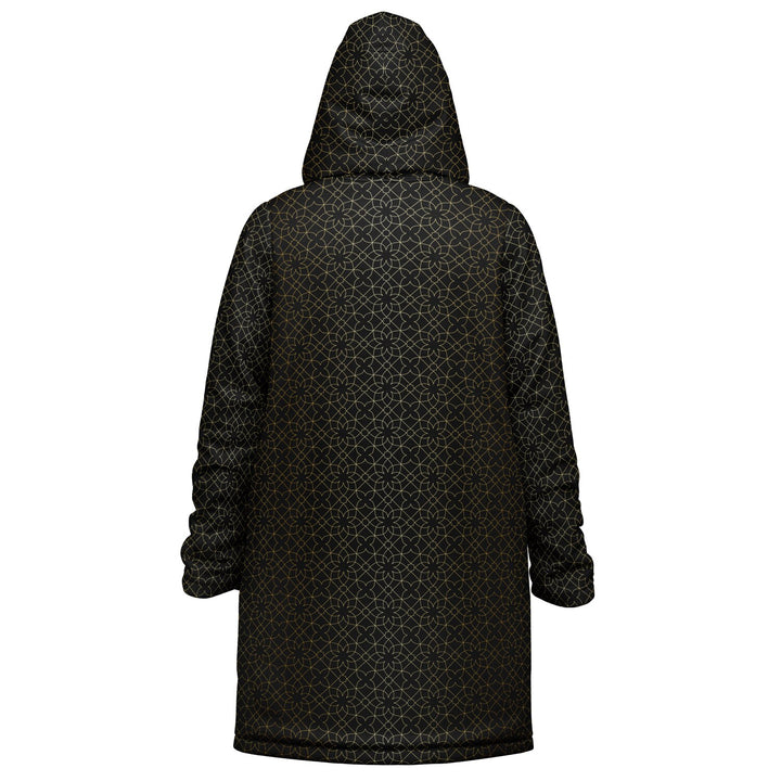 Black and Gold Sacred Geometry Flower Cuddle Coat | Unisex Minky Sherpa Lined Coat with Hood, Zipper and Pockets | Women and Mens Festival Coat | Mountain Fashion