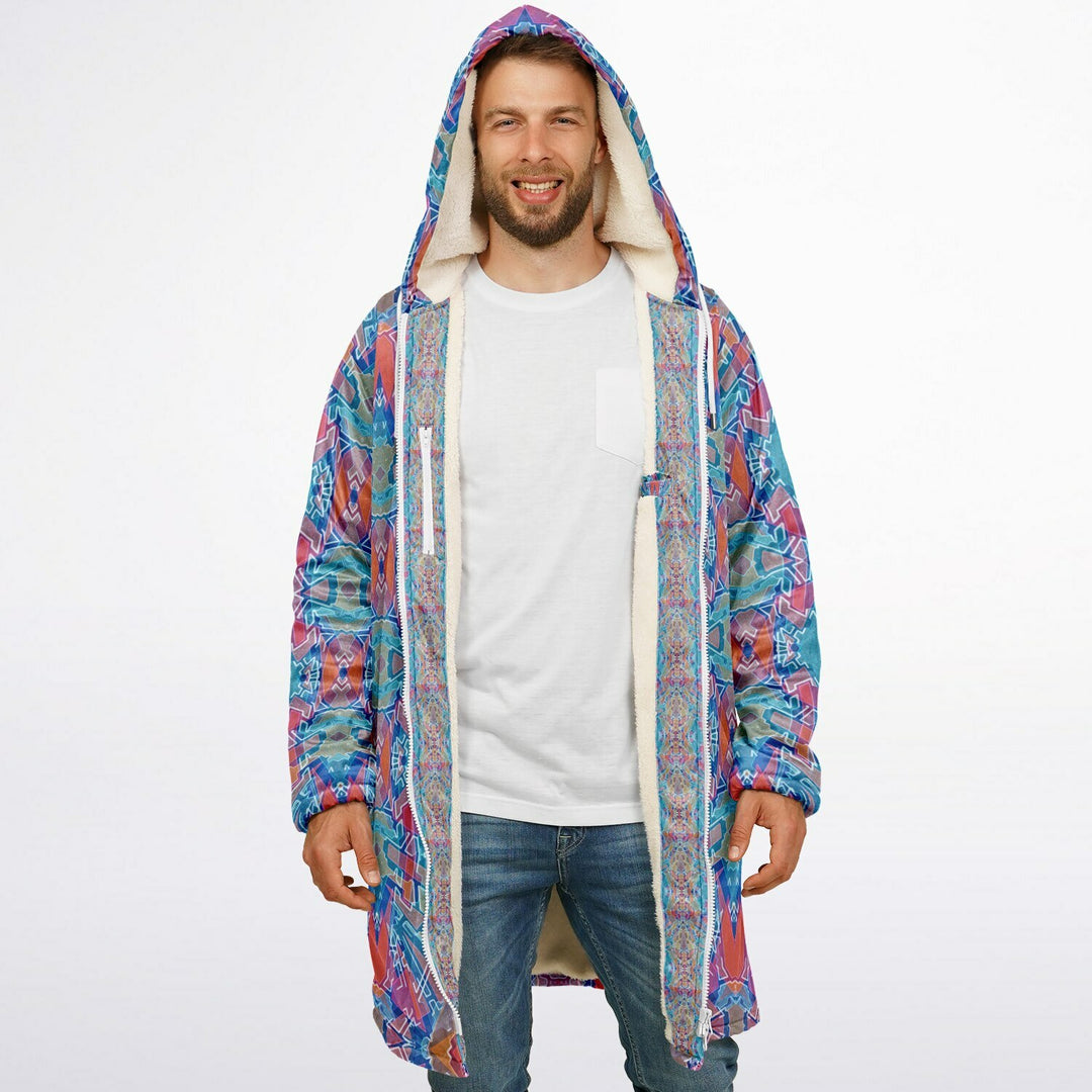 Electric Totem Cuddle Coat | Unisex Minky Sherpa Lined Coat with Hood, Zipper and Pockets | Women and Mens Festival Coat | Mountain Fashion