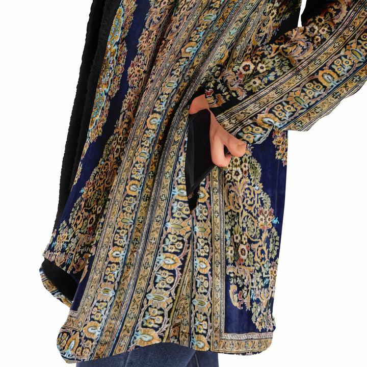 Classic Persian Carpet Cuddle Cloak | Qom, Blue and Gold | Unisex Minky Sherpa Hooded Coat | Women and Mens Festival Coat | Mountain Fashion