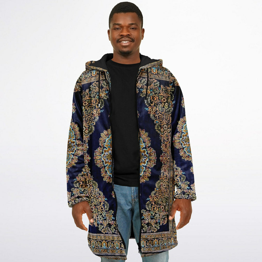 Classic Persian Cuddle Coat | Qom, Blue and Gold | Unisex Minky Sherpa Lined Coat with Hood, Zipper and Pockets | Women and Mens Festival Coat | Mountain Fashion