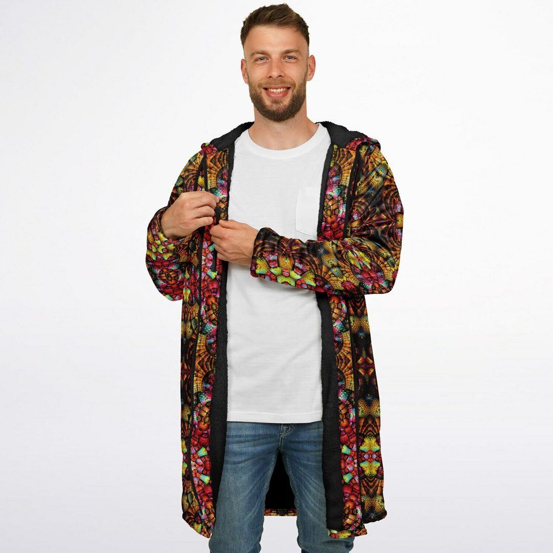 Fractal Glass Cuddle Coat | Unisex Minky Sherpa Lined Coat with Hood, Zipper and Pockets | Women and Mens Festival Coat | Mountain Fashion