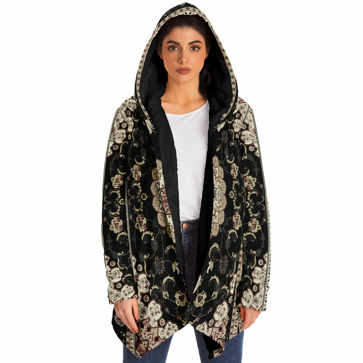 Classic Black Persian Carpet Cuddle Cloak | Unisex Minky Sherpa Lined Hooded Coat | Women and Mens Festival Coat | Mountain Fashion