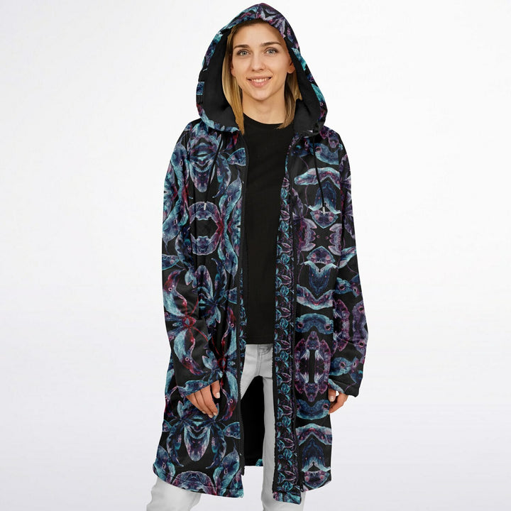 Dark Tropics Cuddle Coat | Unisex Minky Sherpa Lined Coat with Hood, Zipper and Pockets | Women and Mens Festival Coat | Mountain Fashion