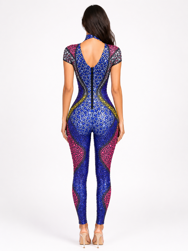 Heartthrob Rhinestone Bodysuit – Blue Crystal Heart Rave Festival Catsuit