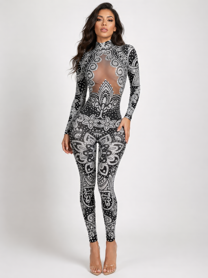 Midnight Lotus Rhinestone Bodysuit – Crystal Rave Festival Catsuit - Manifestie