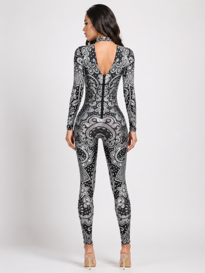Midnight Lotus Rhinestone Bodysuit – Crystal Rave Festival Catsuit - Manifestie