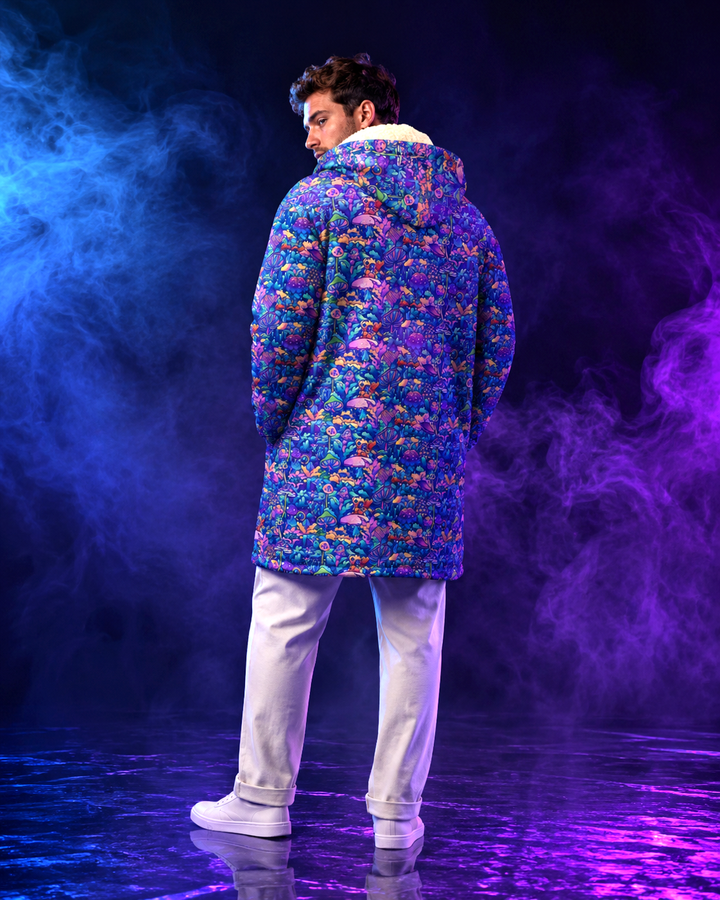 Psychedelic Mushrooms Cuddle Coat | Unisex Minky Sherpa Lined Coat with Hood, Zipper and Pockets | Women and Mens Festival Coat | Mountain Fashion
