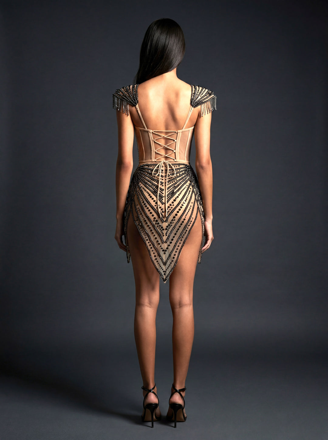 Dahlia Black Rhinestone Bodysuit | Nude Illusion Leotard | Geometric Festival &amp; Stage Outfit – Manifestie
