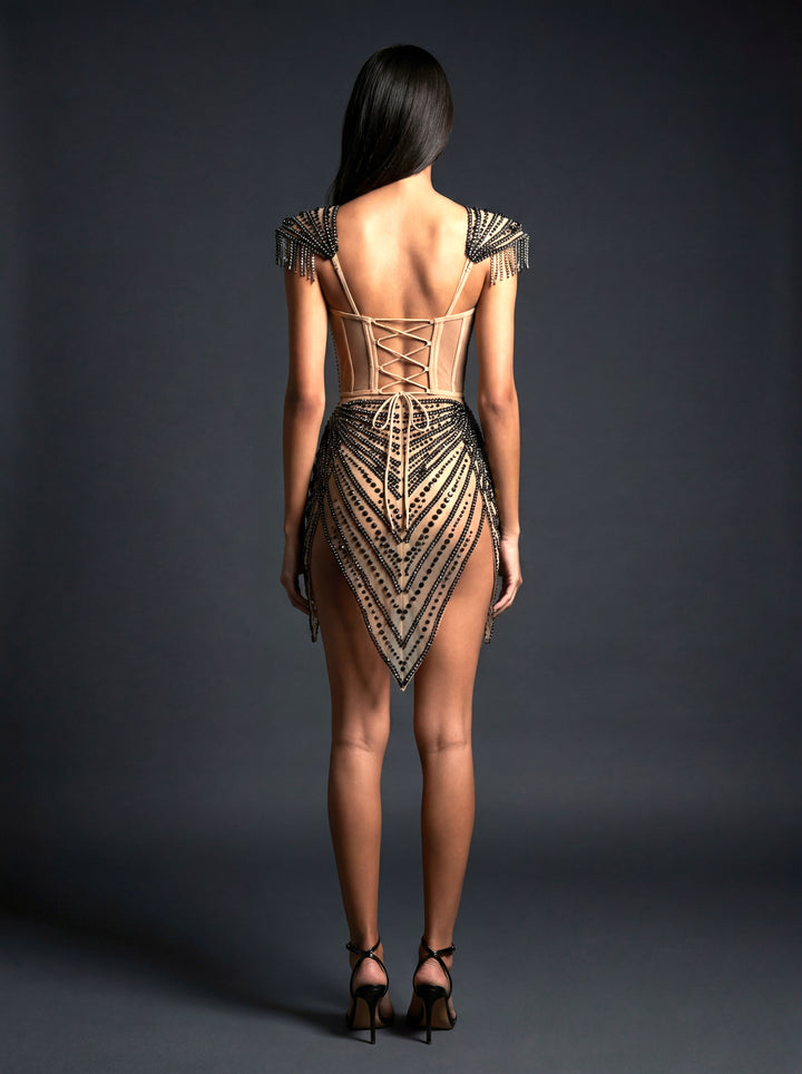 Dahlia Black Rhinestone Bodysuit | Nude Illusion Leotard | Geometric Festival &amp; Stage Outfit – Manifestie