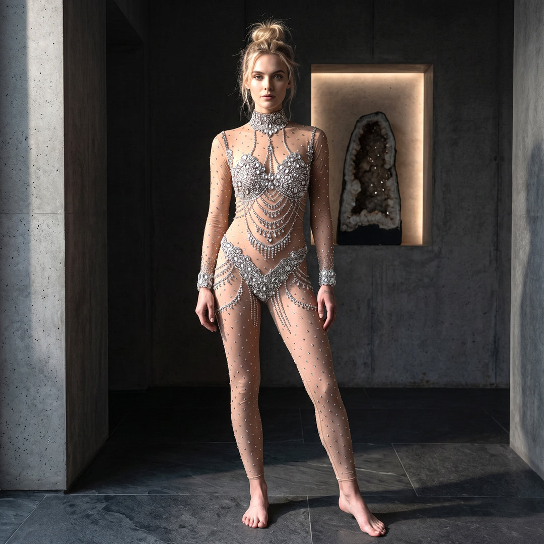 Jasmine Rhinestone Jumpsuit | Nude + Silver Diamond Crystal Bodysuit &amp; Festival Rave Catsuit – Manifestie
