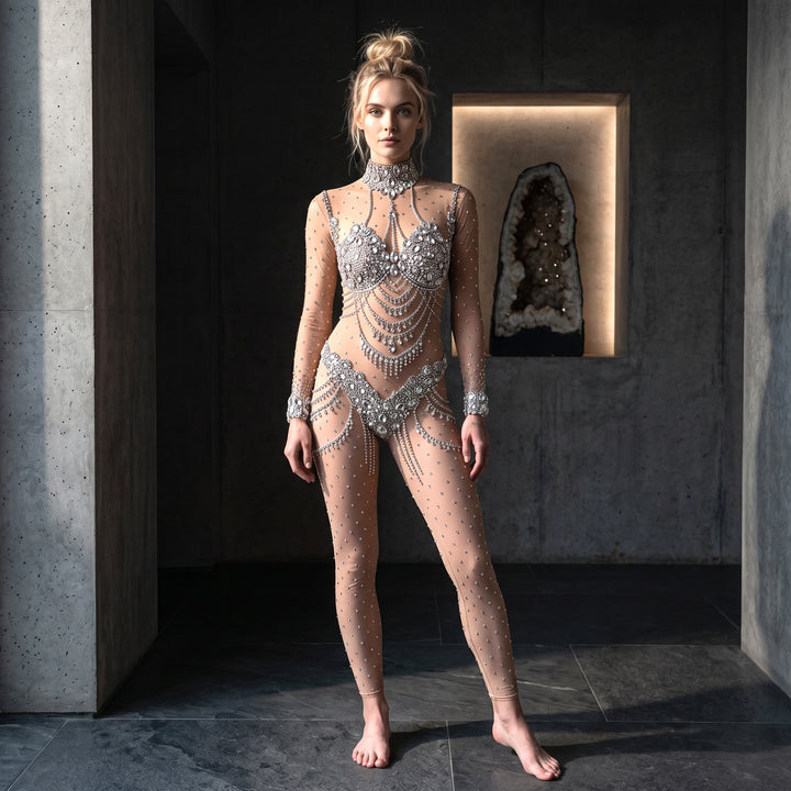 Jasmine Rhinestone Jumpsuit | Nude + Silver Diamond Crystal Bodysuit &amp; Festival Rave Catsuit – Manifestie
