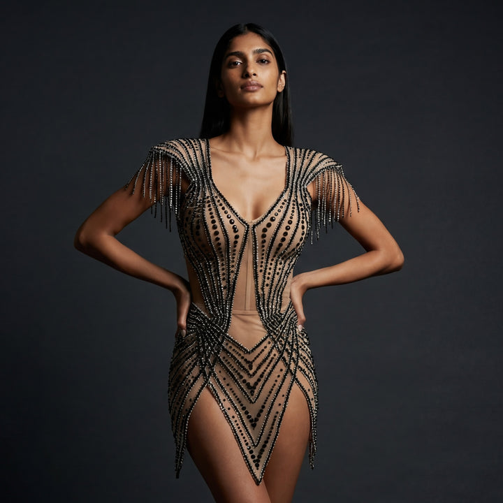 Dahlia Black Rhinestone Bodysuit | Nude Illusion Leotard | Geometric Festival &amp; Stage Outfit – Manifestie