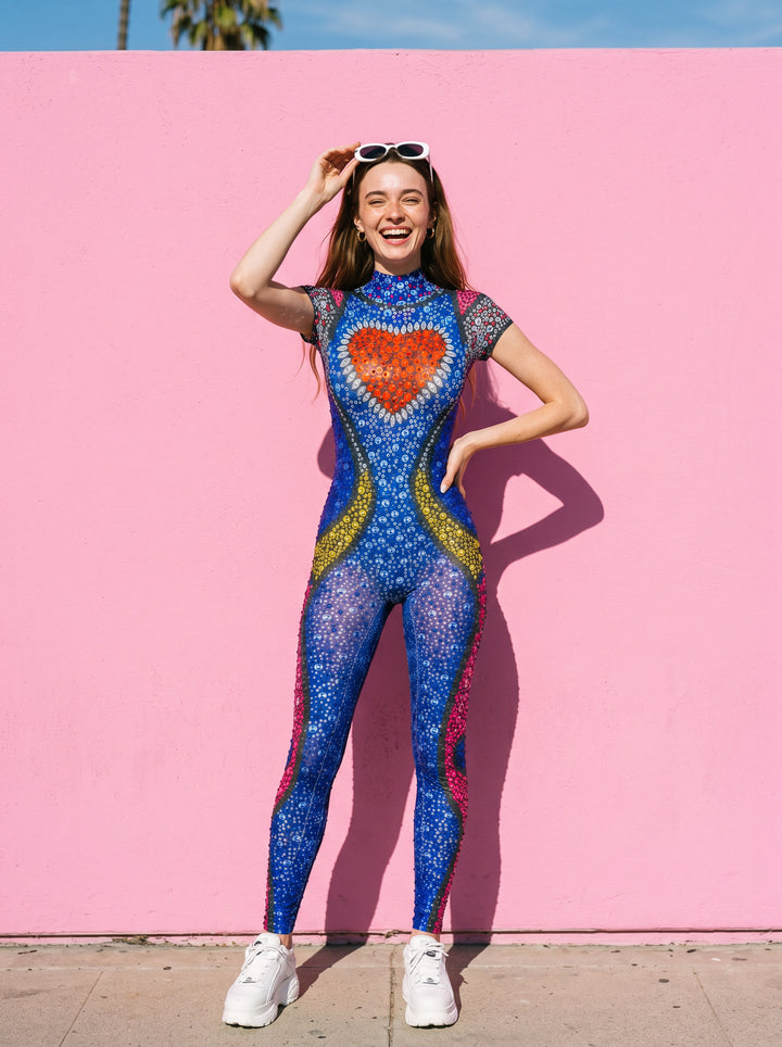 Heartthrob Rhinestone Bodysuit – Blue Crystal Heart Rave Festival Catsuit