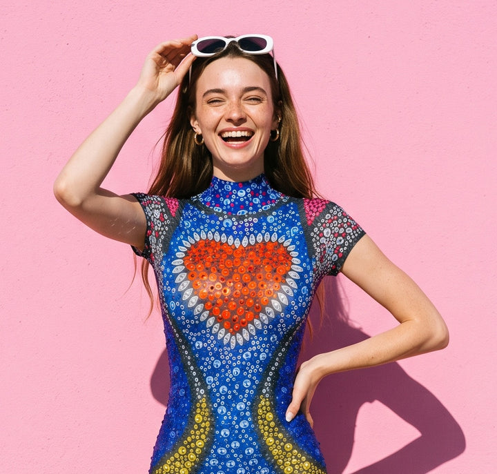 Heartthrob Rhinestone Bodysuit – Blue Crystal Heart Rave Festival Catsuit
