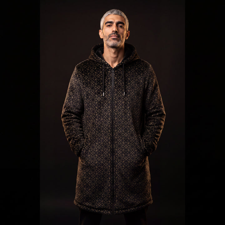 Black and Gold Sacred Geometry Flower Cuddle Coat | Unisex Minky Sherpa Lined Coat with Hood, Zipper and Pockets | Women and Mens Festival Coat | Mountain Fashion