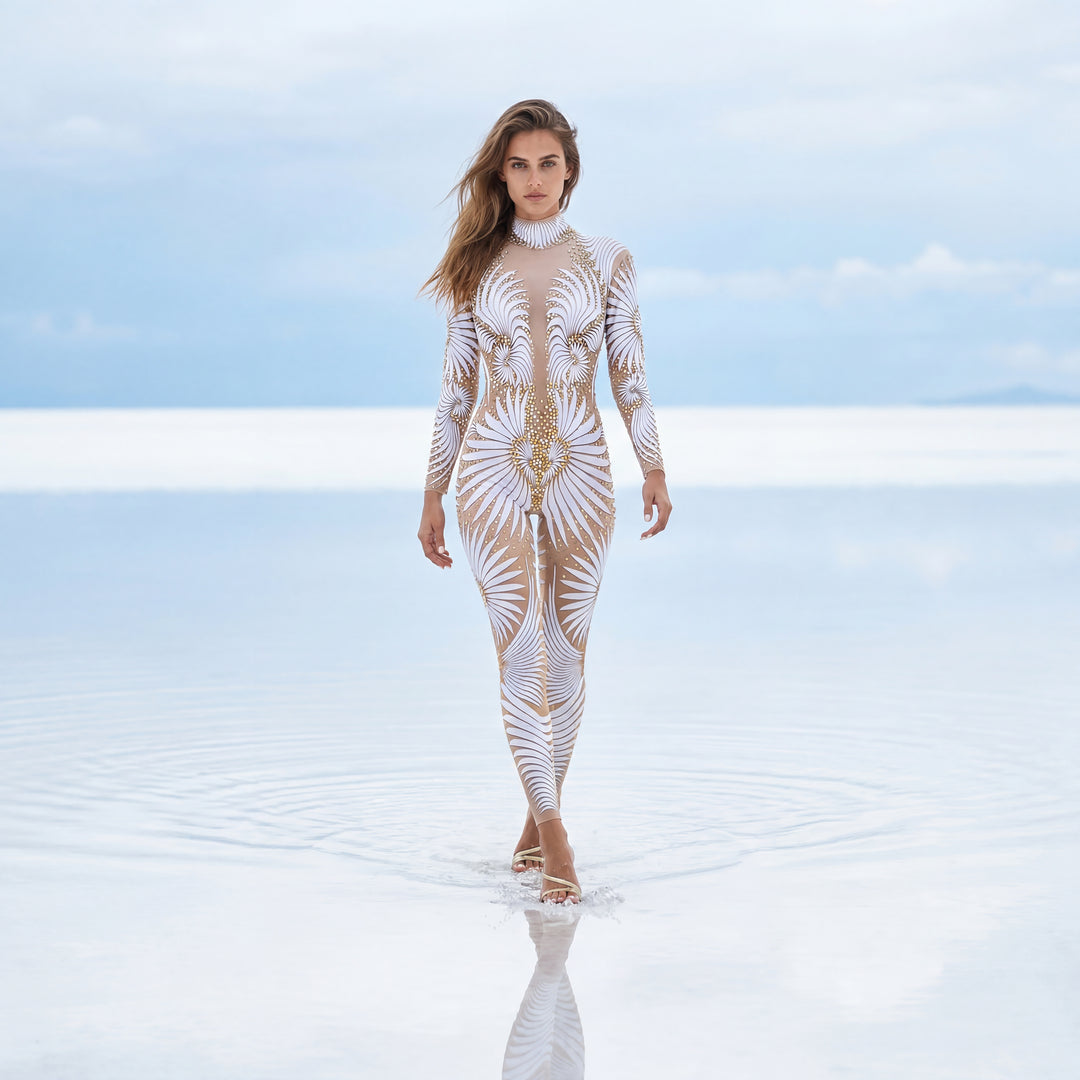 sparkly white long sleeve dress Elena Long-Sleeve Pattern Sequin Gown