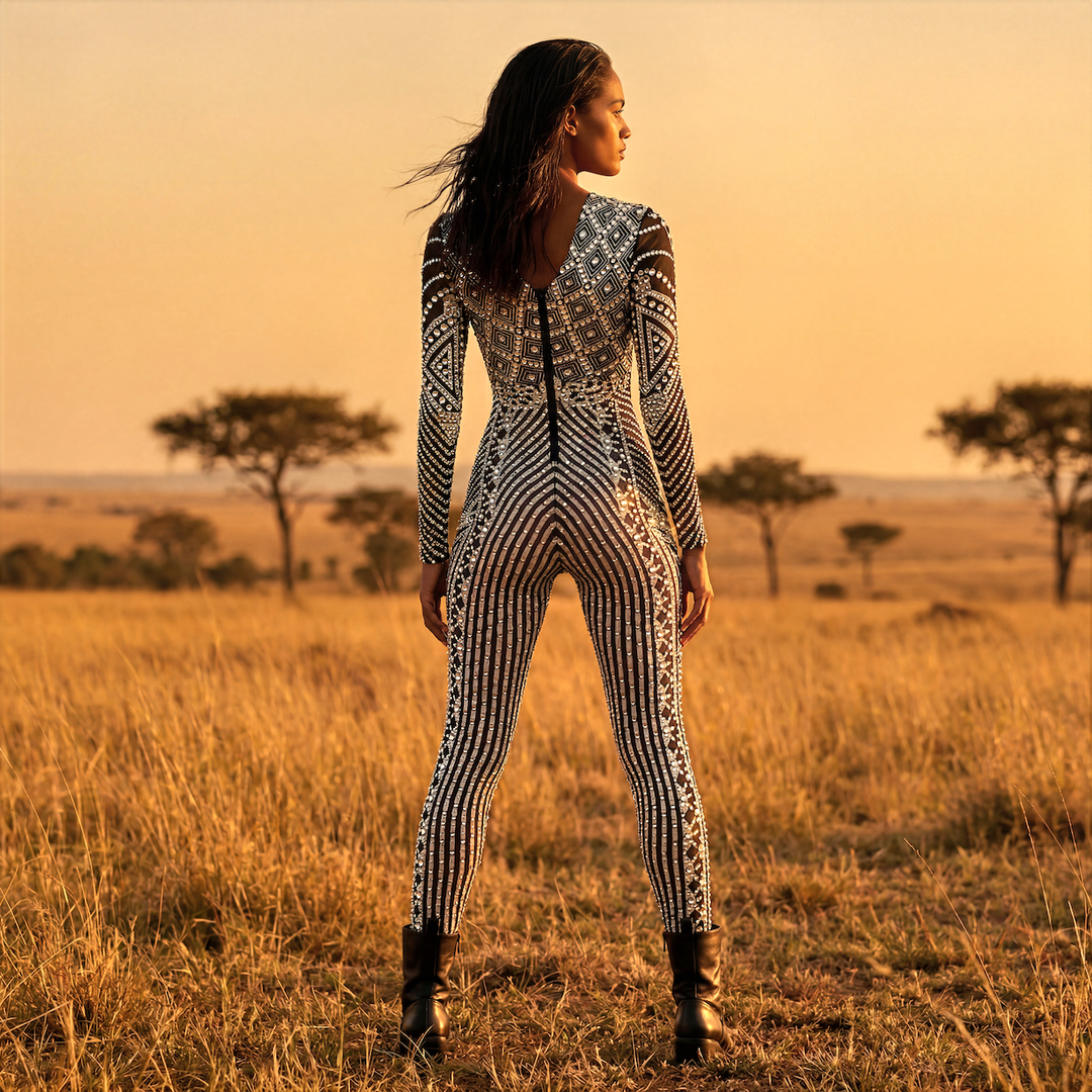 Savannah Black Rhinestone Catsuit | Tribal Geometric Crystal Festival Bodysuit – Manifestie