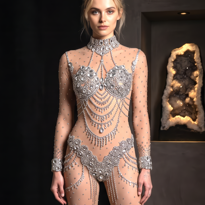 Jasmine Rhinestone Jumpsuit | Nude + Silver Diamond Crystal Bodysuit &amp; Festival Rave Catsuit – Manifestie