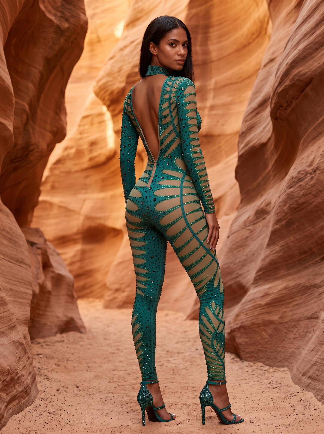Eden Green Rhinestone Bodysuit | Emerald Botanical Crystal Festival Catsuit &amp; Stage Jumpsuit – Manifestie