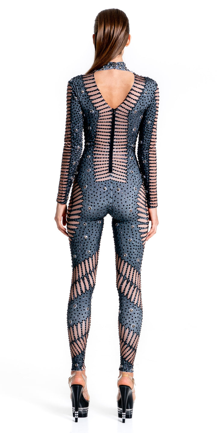 back profile of Elegant rhinestone bodysuit with sculpted illusion design – Manifestie”