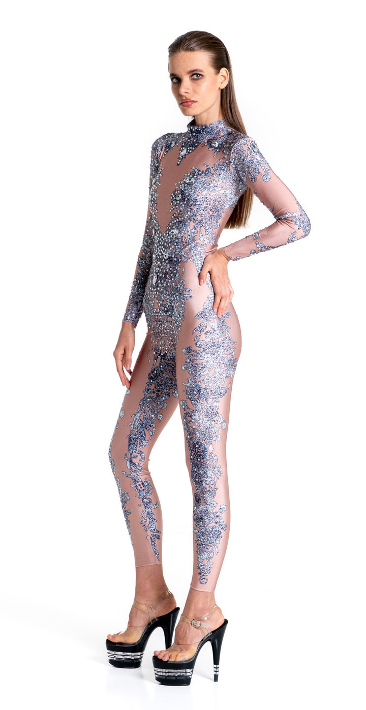 Dita Von Rhinestone Jumpsuit | Silver Diamond Bodysuit for Festivals, Performers & Cabaret Shows – Manifestie