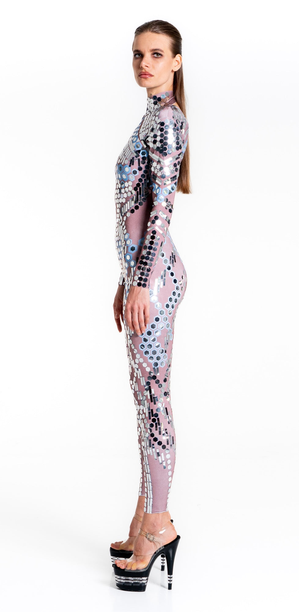 Space Babes Nude Reflective Sequin Bodysuit – full view