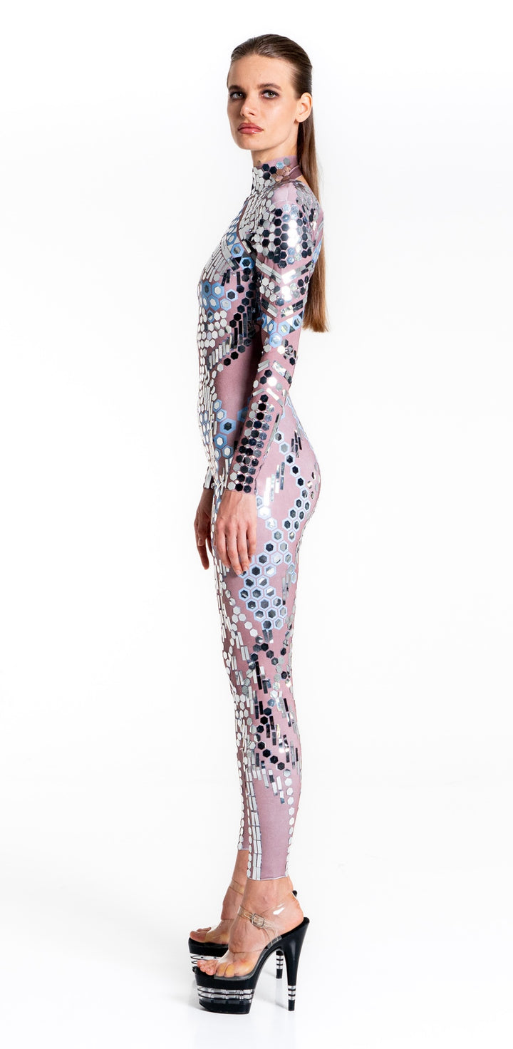 Space Babes Nude Reflective Sequin Bodysuit – full view