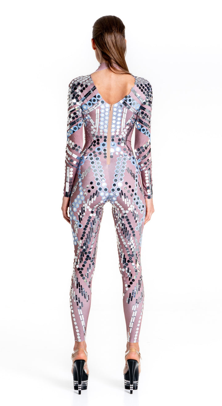 back of Space Babes Nude Reflective Sequin Bodysuit – full view