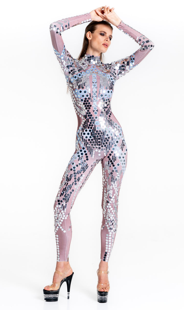 Space Babes Nude Reflective Sequin Bodysuit – full view